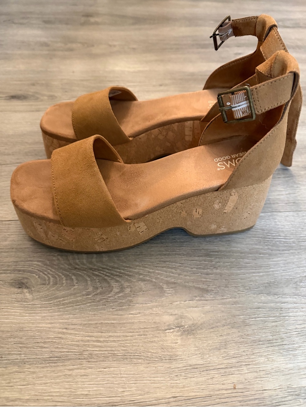 Toms Tan Suede Cork Platform Ankle-Strap Sandals